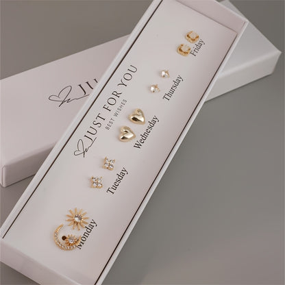 10pcs Set of Easy And Cute Synthetic Zirconia Earrings Set with Sun, Heart, Flower Shape for Women, Suitable for Daily Banquets, Commuting, Mother'S Day, Thanksgiving, Gifts for Lovers, Mothers, And Daughters, Middle East Ramadan Festival