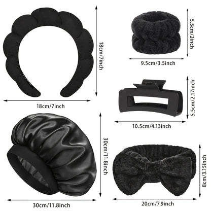 6pcs Satin Bonnet for Sleeping And Spa Headband Set, Soft Microfiber Skincare Hairband with Bow, Maillard Color Wide Band Hairs Bonnet for Sleeping Wristbands with Hair Claw Clip for Women Men