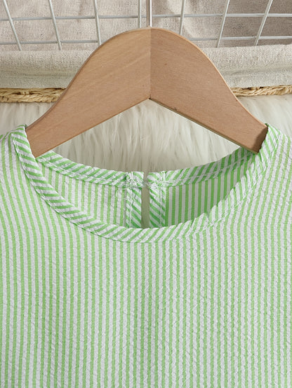 New Summer Style Girls' Colorblock Striped Dress, Cute Flutter Sleeve Dress, Summer Casual Dress, Summer Children's Clothing, Casual Daily Wear, Sweet and Adorable Girls' Dress, Girls' Clothes, Easter