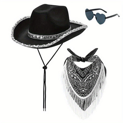 Women Cowboy Cowgirl Hats Set Bandana Festival Fancy Dress Hat Costume Accessory