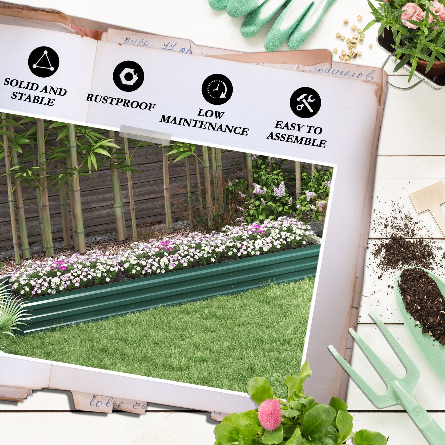 Galvanised Raised Bed for Garden, Rectangular Outdoor Elevated Planter Box with Safety Edging and Open Bottom for Growing Flowers, Herbs and Vegetables, 240 x 60cm, Grey
