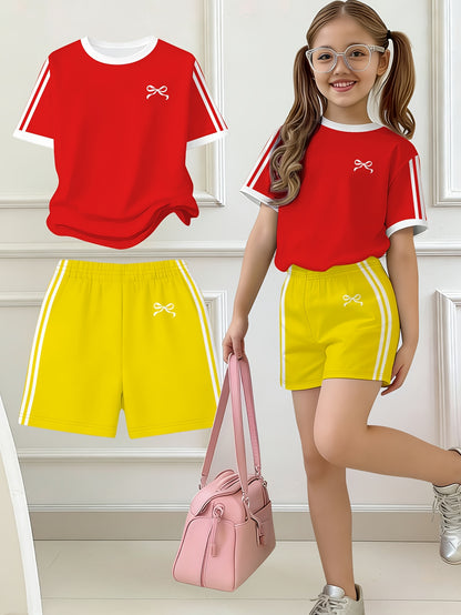 2pcs Set, Easy Bow Print Short Sleeve T-Shirt And Shorts Set, Star Style, Suitable for Spring And Summer, Back-To-School Outfit, Y2K Fashion, Campus Activities, Comfortable Casual, Fashionable And Playful, Hippie Style, Retro Sweet American Style