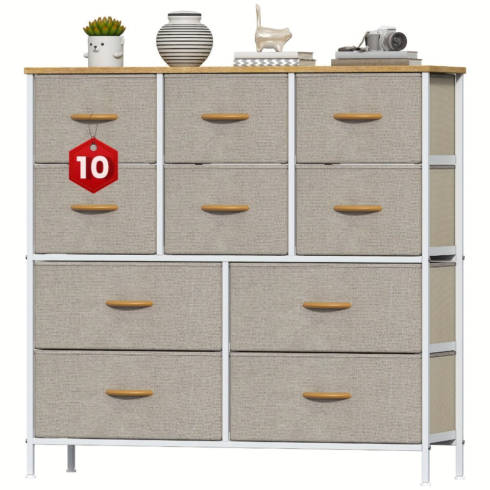 10-Drawer Dresser with Metal Frame & Fabric Drawers – MDF Top, Adjustable Legs & Anti-Tip Safety for Bedroom, Closet, Living Room & Office