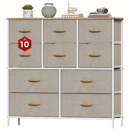 10-Drawer Dresser with Metal Frame & Fabric Drawers – MDF Top, Adjustable Legs & Anti-Tip Safety for Bedroom, Closet, Living Room & Office