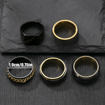 [Men's Stainless Steel Rings] 5pcs Fashionable Stainless Steel Men's Rings - Easy Golden Rotatable Decompression Ring - Personalized Hip-Hop Punk Ring - Casual and Versatile Rings - Gift for Men