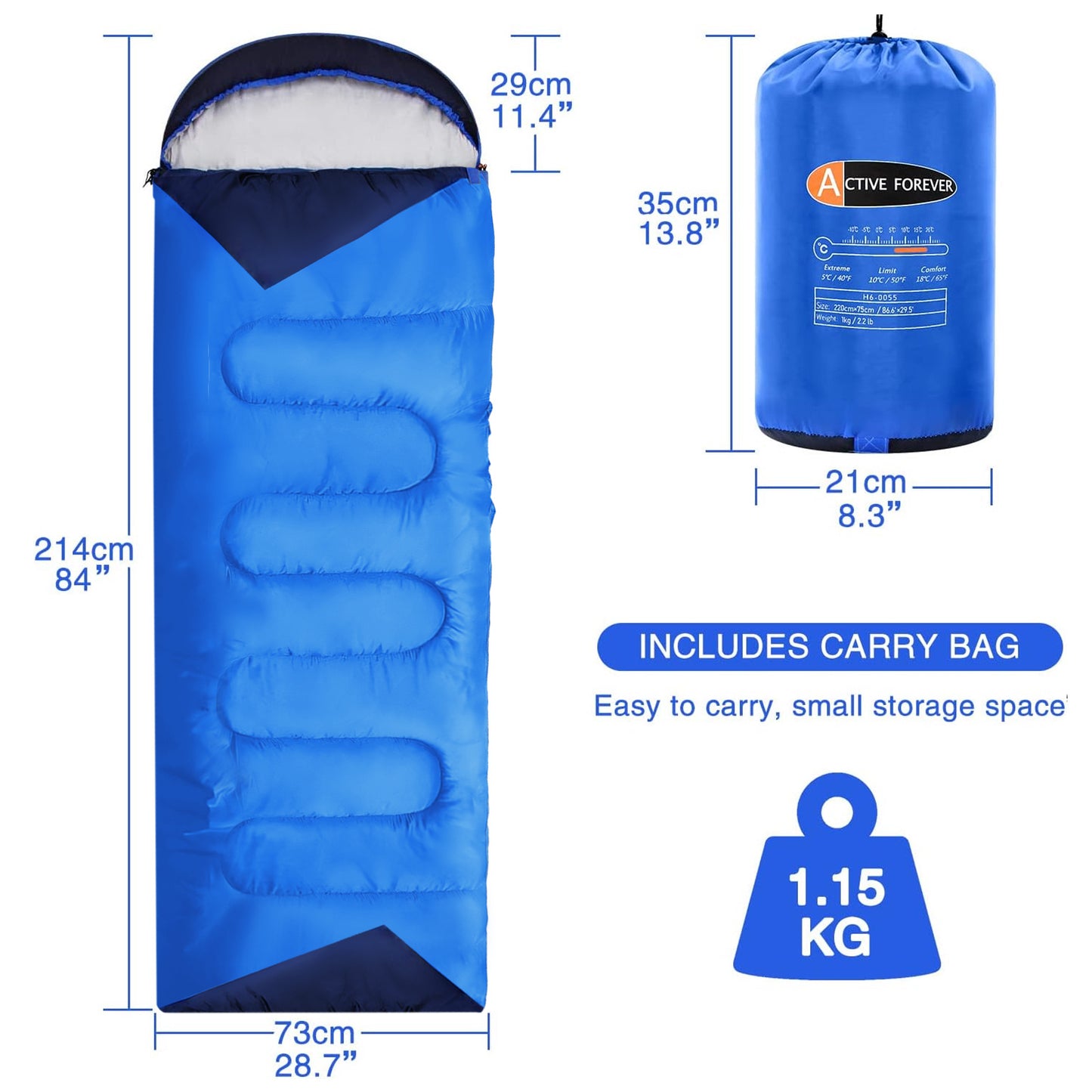 ACTIVE FOREVER Rectangular Sleeping Bag 3 Seasons - Lightweight Camping Sleeping Bags for Adults Indoor & Outdoor, Sleeping bag with Compression Sack for Hiking Backpacking