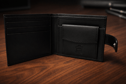 Mens Genuine Leather Wallet Black RFID Blocking Soft Bi Fold Card Slots and Coin Pocket