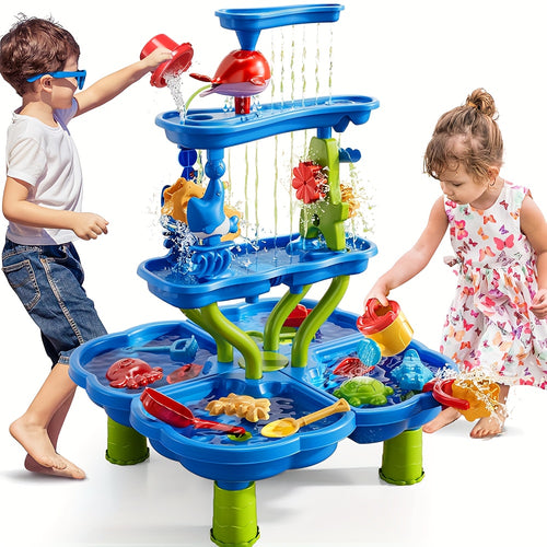 3/4 Tier Kids Sand And Water Table, 3-in-1 Sensory Play Table with Shovels, Buckets, Molds & Rake, Outdoor Activity Playset for Backyard & Beach