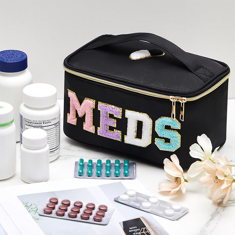 Women'S Large Capacity Makeup & Medication Organizer Bag with MEDS Lettering & Glittery Accent - Portable Travel Toiletry Case, Spacious Multi-Compartment Storage for Medication, Cosmetics, Jewelry & Accessories, Durable Fabric-like Material (Pink/Black/T
