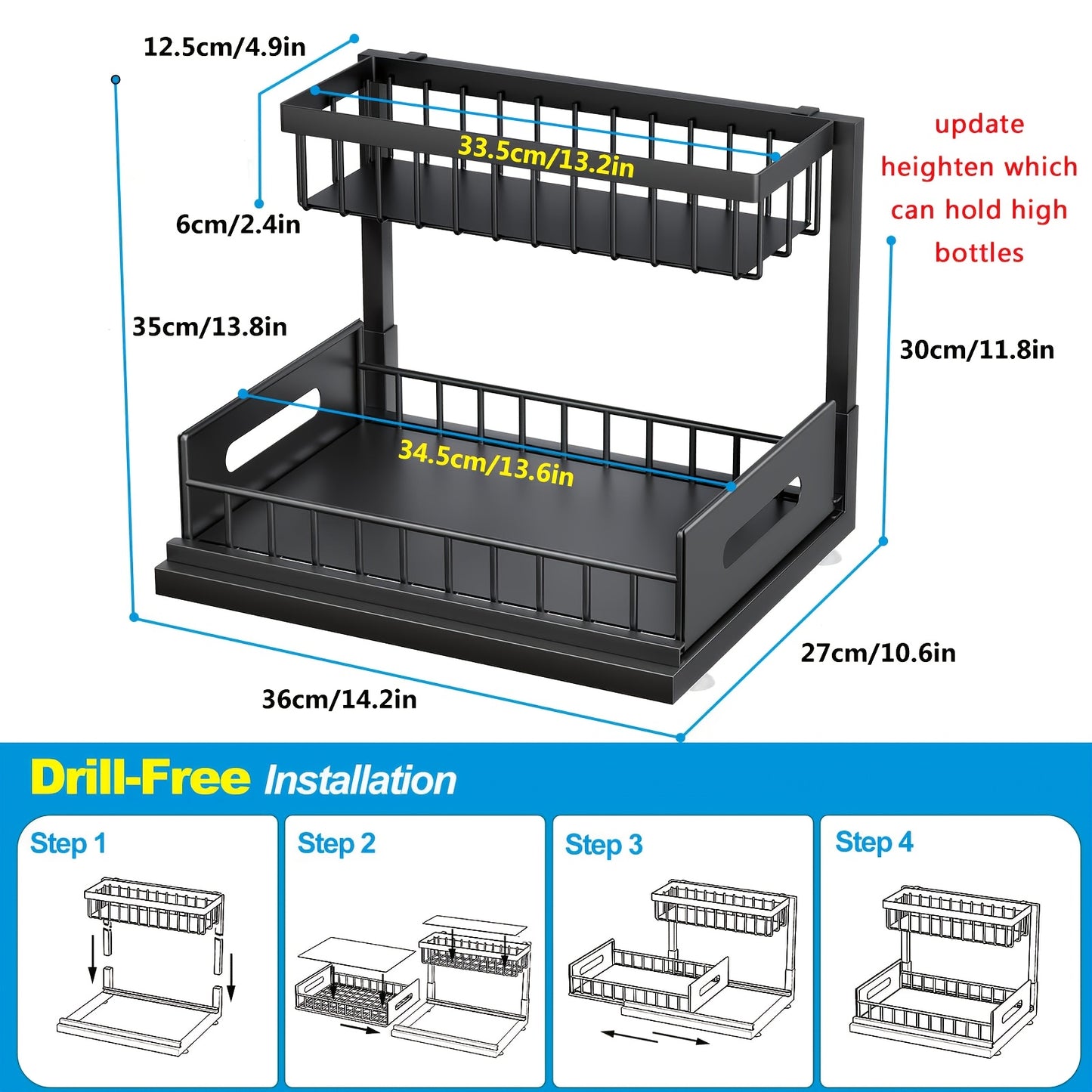 2-Pack Golden Metal Kitchen Sink Organizer Basket, Double-Layer Pull-Out Storage Basket, Multi-Functional Storage Rack, Kitchen, Sink, Bathroom, Office Multi-Functional Storage Basket