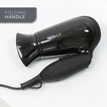 Red Hot 37079 1200W Travel Hair Dryer with Folding Handle/Dual Voltage / 2 Heat Settings/Compact & Lightweight/Black