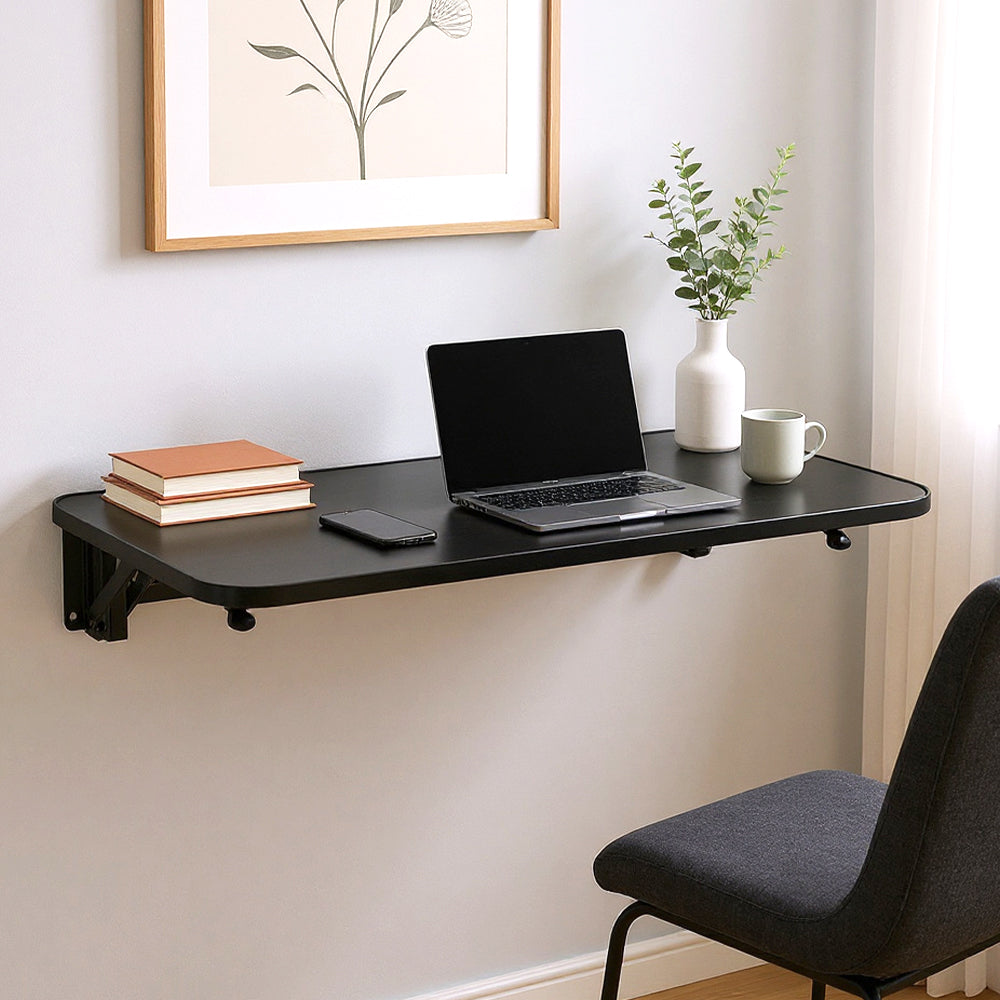 Folding Wall-Mounted Laptop Desk, Space-Saving Study and Reading Table, Metal Iron Frame Design, Durable and Sturdy Wall Desk for Home or Office, Black/White, 52x24cm / 65x24cm / 75x24cm