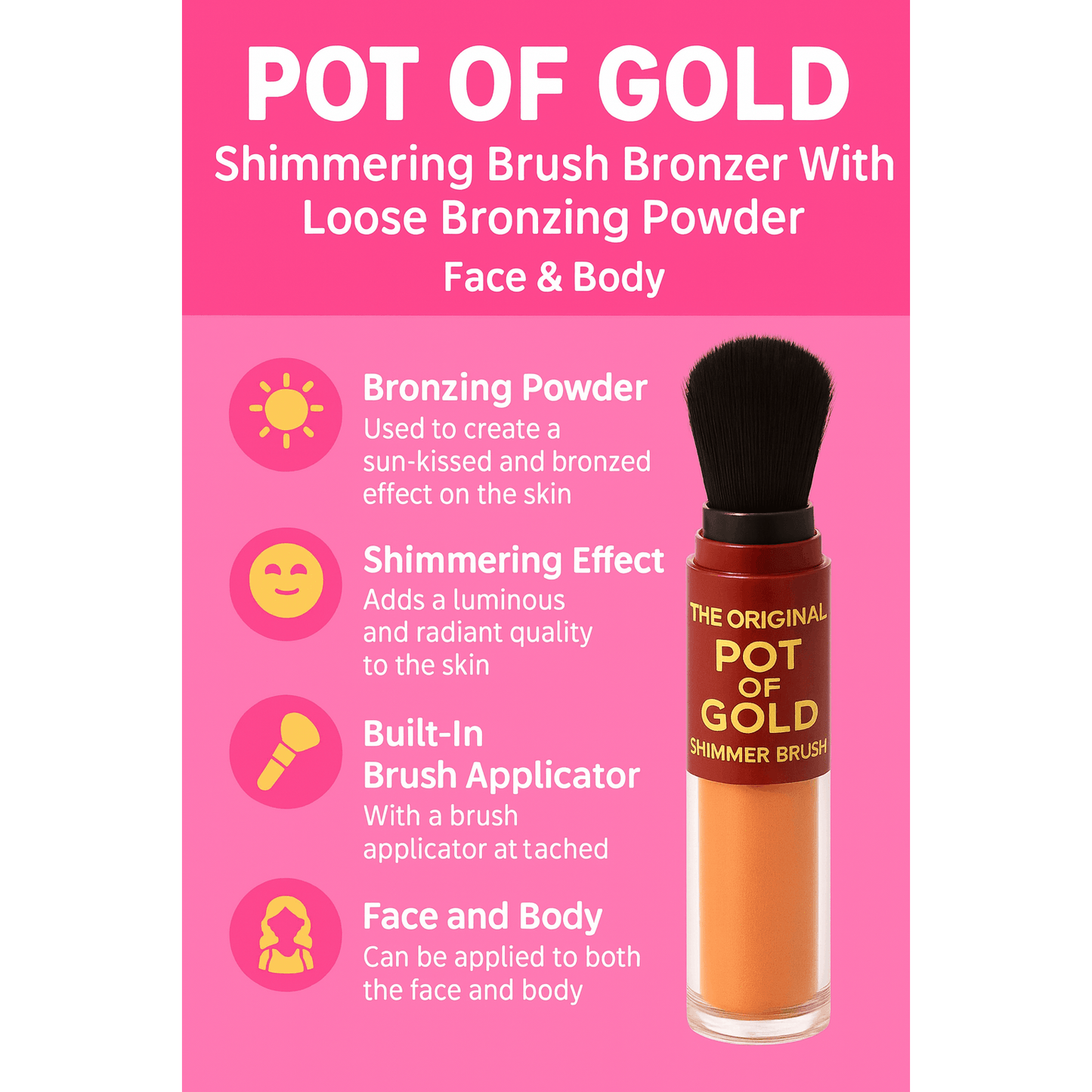 POT OF GOLD Brush With Loose Bronzing Powder Face & Body Makeup UK