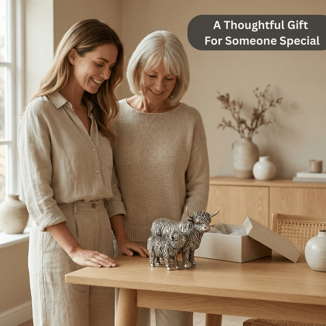 Silver Highland Cow & Calf Statue Ornament Sculpture – Resin Farm Animal Figurine, Country Rustic Home Decor Shelf Display Gift for Family, Mum, Grandma