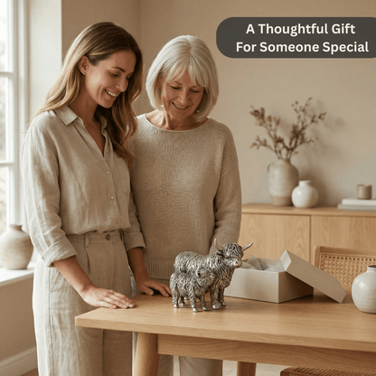 Silver Highland Cow & Calf Statue Ornament Sculpture – Resin Farm Animal Figurine, Country Rustic Home Decor Shelf Display Gift for Family, Mum, Grandma