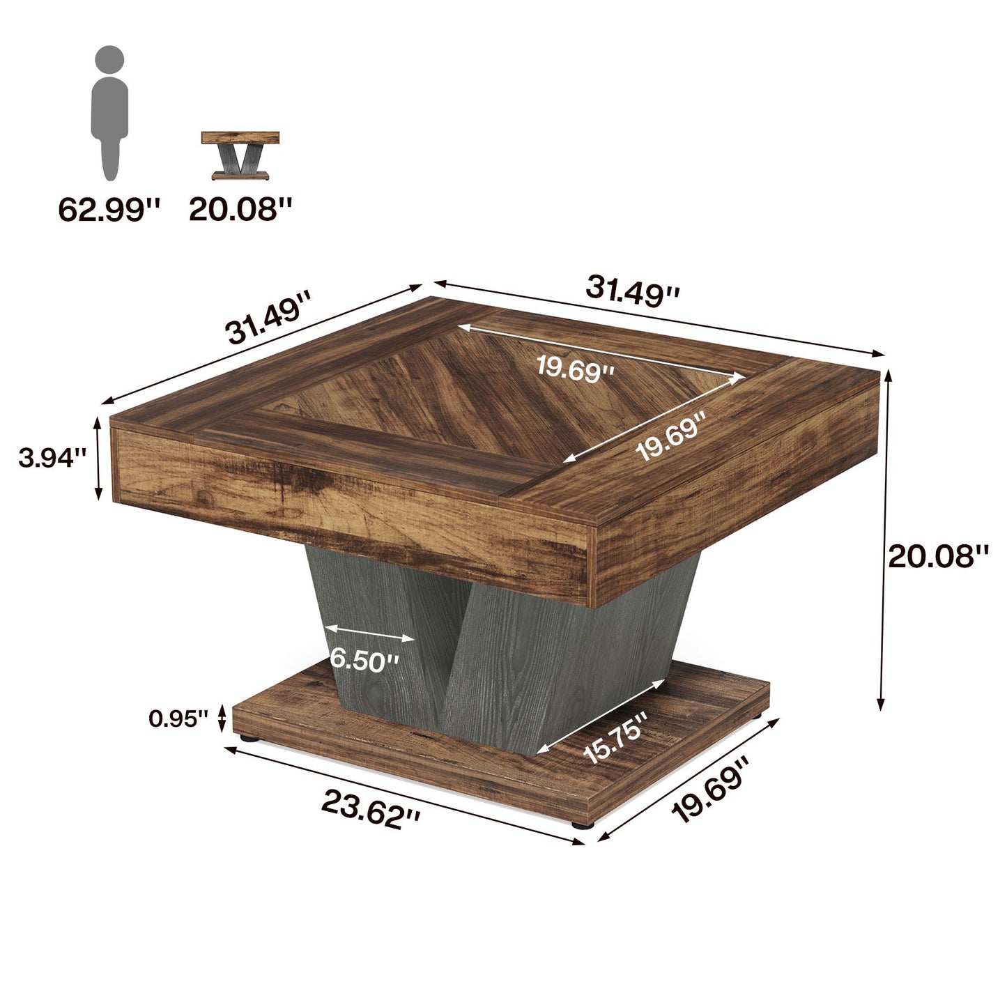 Modern Square Coffee Table 80.01 cm - Rustic Brown & Black Center Table Suitable for Living Room, Multi-Functional Farmhouse Accent Table with Assembly, Space-Saving for Apartments and Homes