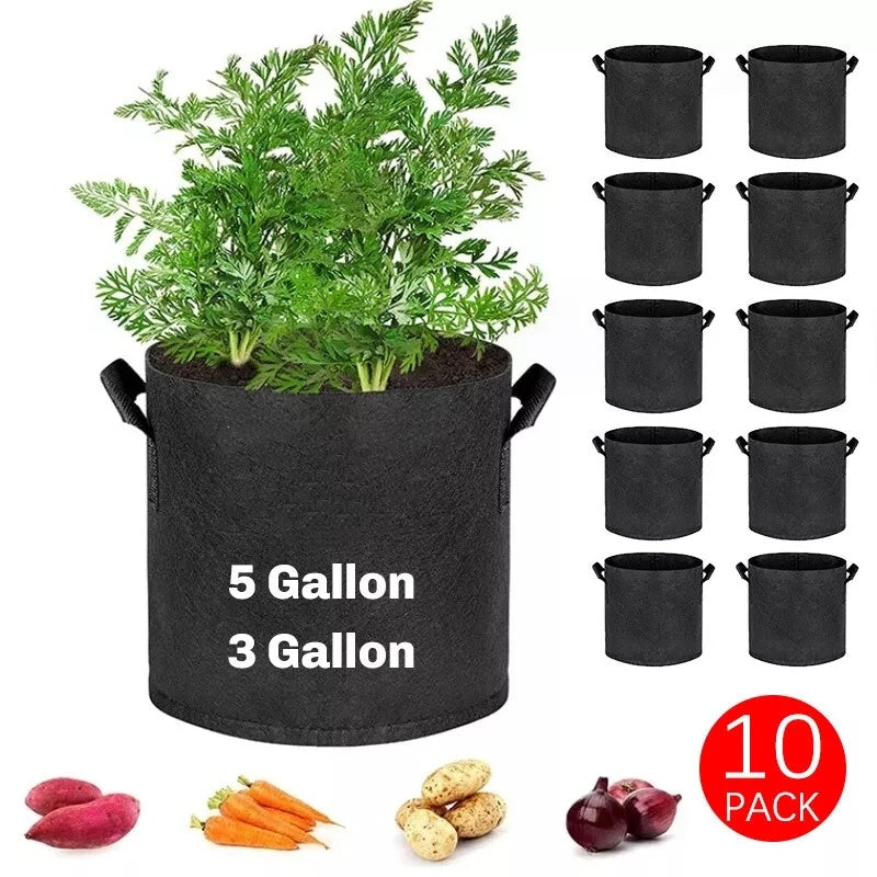 5Pack/10Pack Heavy Duty Grow Bags - Thickened Nonwoven Fabric Raised Garden Plant Pots with Aeration Holes And Sturdy Green Border, Collapsible/Outdoor Self-Watering Bags for Vegetables, Herbs, Flowers, 11.36/18.93/26.5L