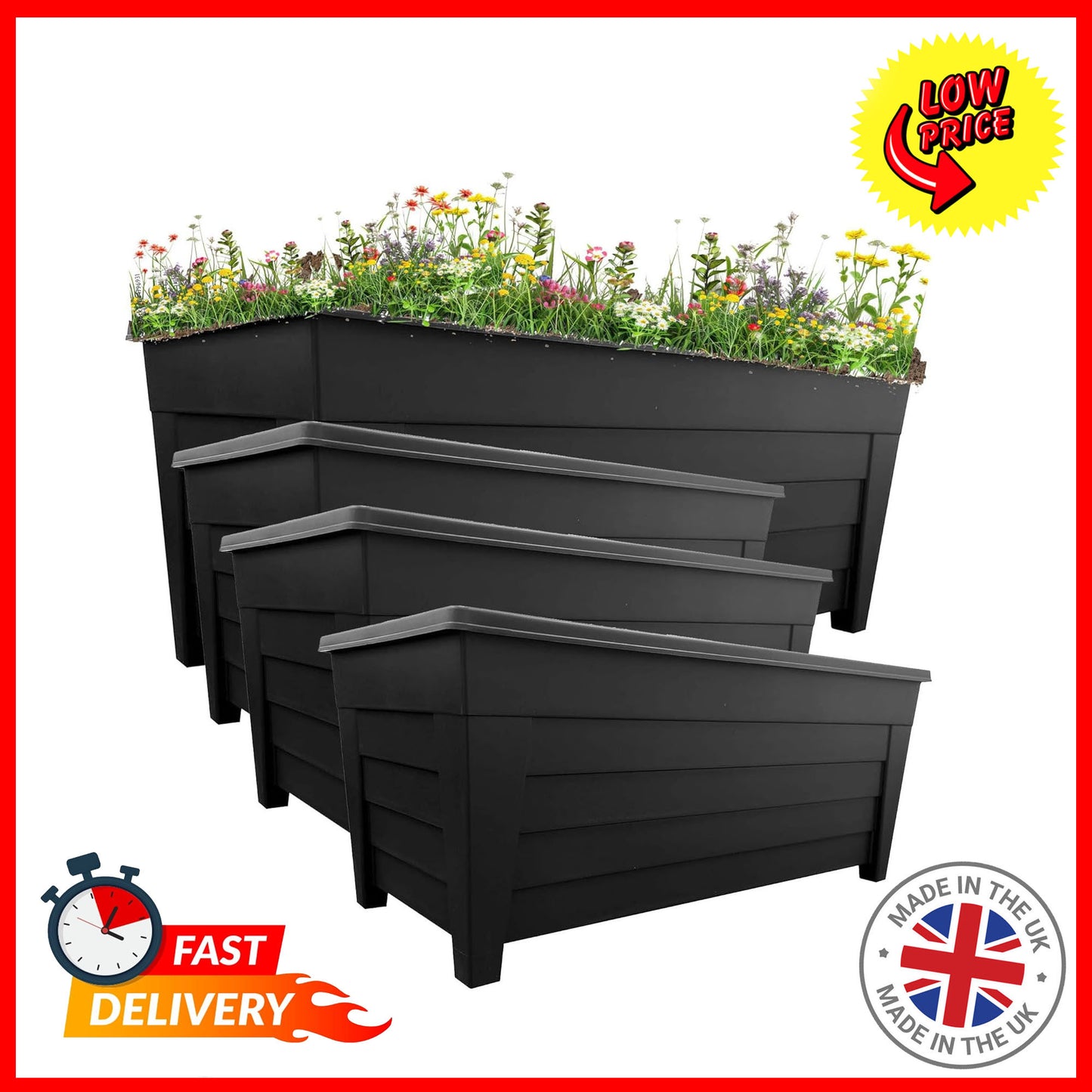4 Large Black Grosvenor Trough Planter For Home, Office, Balconies, Gardens, Greenhouses & Patios
