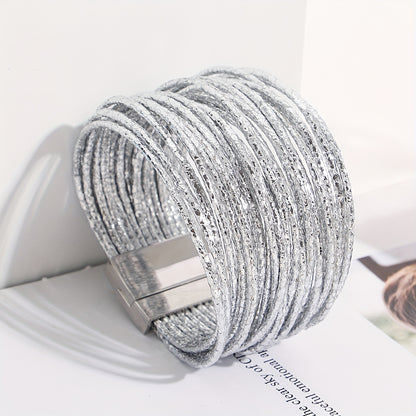 1pc Slim Stripes Wide Multilayer Wrap Bracelet Metallic Shiny Glitter Artificial Leather Cuff with Magnetic Clasp Jewelry for Men Women Holiday Party Birthday Gifts