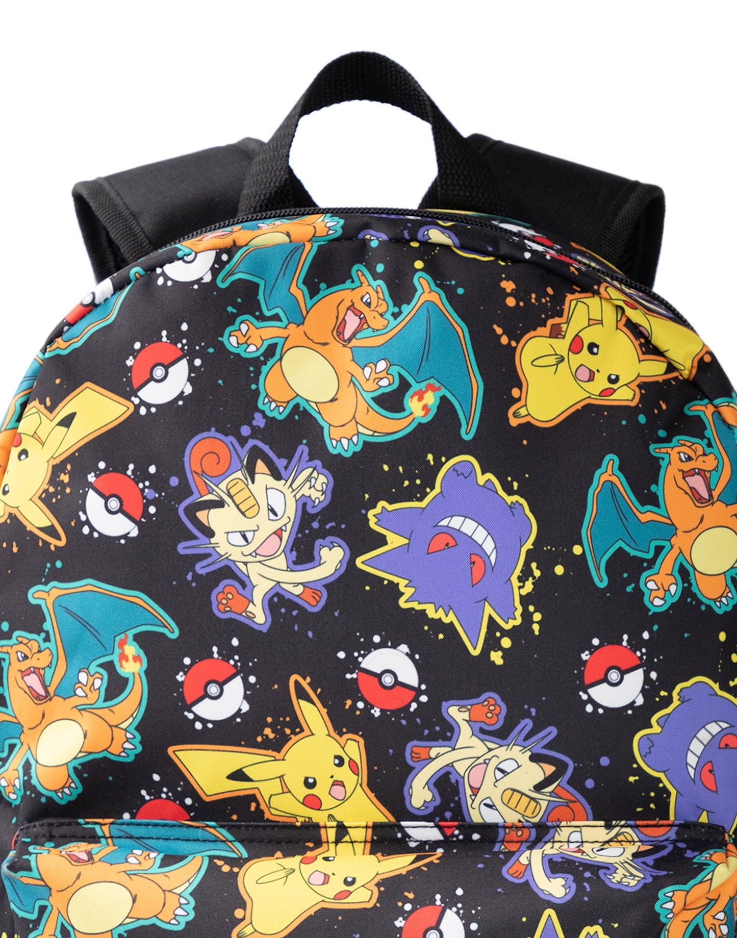 Pokémon Pikachu Charizard Gengar Meowth Backpack in Black | Kids Character All-Over Print Bag | Adjustable Shoulder Straps, Front Pocket & Mesh Holder