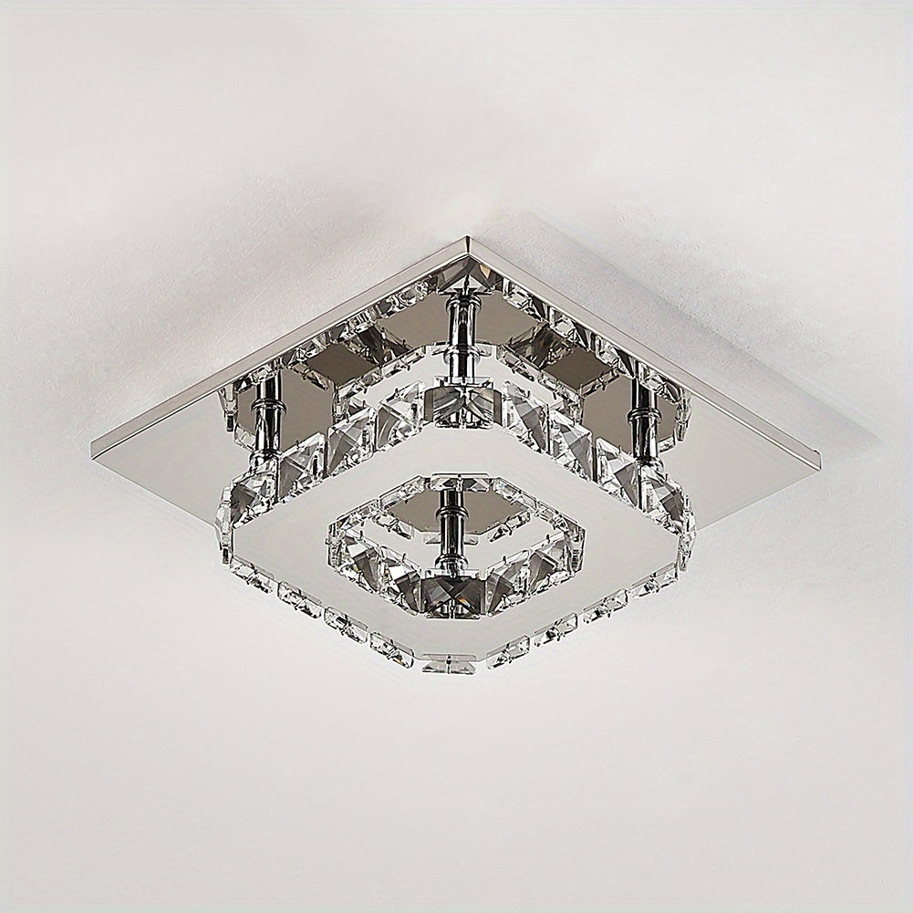 Contemporary Mini Crystal Chandelier, Square Single-layer LED Crystal Ceiling Light, Plain Crystal Ceiling Lighting Chrome Crystal Pendant, 12W 6000K Cold White Light, for Living Room Kitchen Office Bedroom Dining Room Island, 21*21cm/ 8.27*8.27inch.