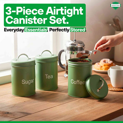 ADEPTNA 3pcs Tea Coffee Sugar Canister Set Airtight Metal Kitchen Storage Jars with Lids Durable Round Food Containers Easy Clean, Minimal Modern Design for Home, Office & Camping
