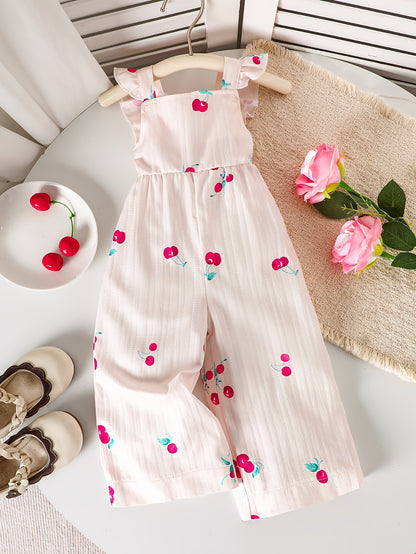 Summer European and American Fashion Baby Girl Onesies, Retro Casual Onesies with Cute Cherry Prints, Playful Flutter Sleeves, Suitable for Daily Wear, Outdoor Activities, Perfect for Outdoor