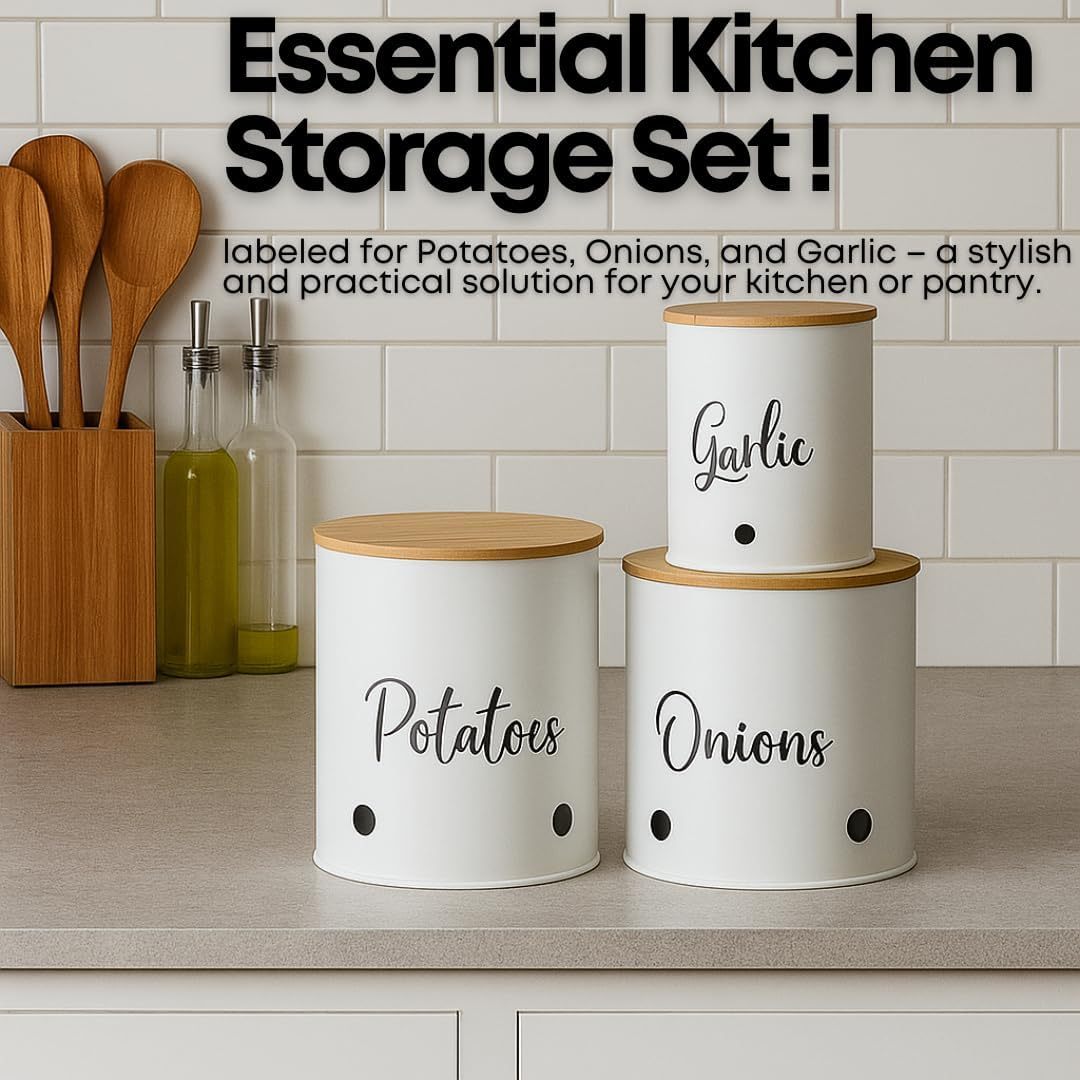 Trendi 3-Pack Stackable Vegetable Storage Tins – White Round Metal Canisters for Potato, Onion & Garlic – Kitchen Pantry Jars with Lids & Air Vents