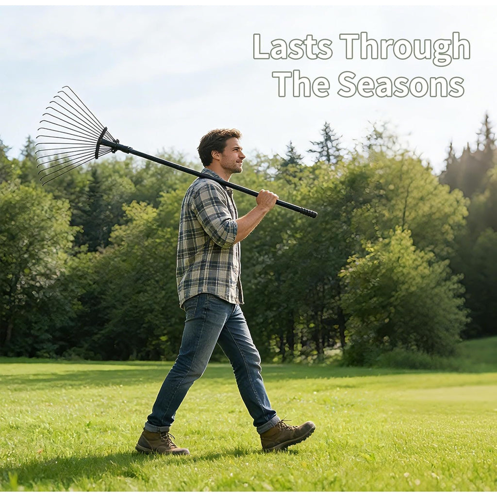 Telescopic Garden Rake 15 Metal Tines – Adjustable Handle 81-170cm & Expandable Head 20-60cm | Lightweight Alloy Steel Leaf Rake for Lawn, Patio & Garden | Black
