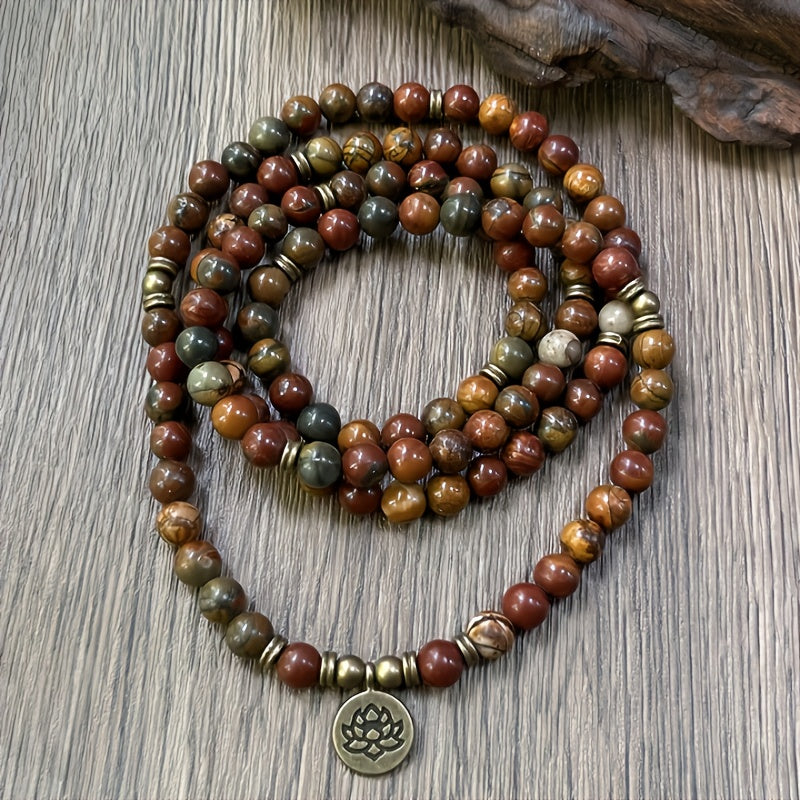 Vintage Bohemian 108 Mala Beads Handmade Stacked Elastic Bracelet - Picasso Stone Natural Stone Mindfulness Yoga Japamala Jewelry Necklace for Men and Women, Elegant with Lotus Pendant, Ideal Gift for Mother's Day, Father's Day, Ramadan.