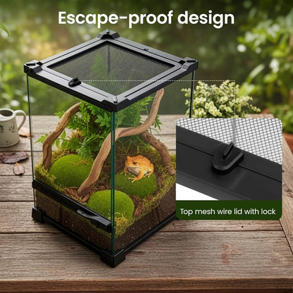 Glass Reptile Terrarium Vivarium Tank – Ventilated Habitat for Lizards, Frogs, Snakes & Spiders, Horizontal & Vertical, Leakproof Base
