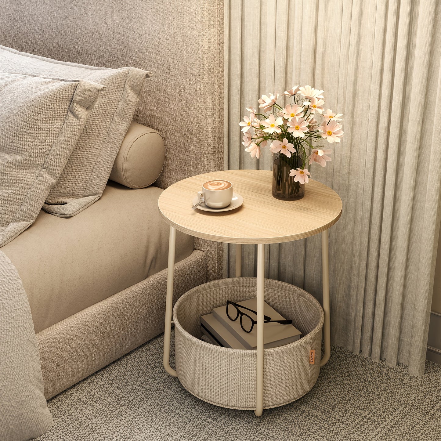Modern Round End Table with Storage Fabric Basket - Beige/Cream White/Laurel Green/Jelly Pink Bedside Table, Metal Frame & Round Top, Space-Saving Accent Table for Living Room,, Dorm - Easy Assembly, Non-Wood Furniture