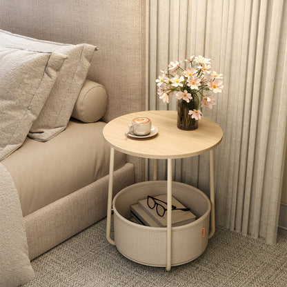 Modern Round End Table with Storage Fabric Basket - Beige/Cream White/Laurel Green/Jelly Pink Bedside Table, Metal Frame & Round Top, Space-Saving Accent Table for Living Room,, Dorm - Easy Assembly, Non-Wood Furniture