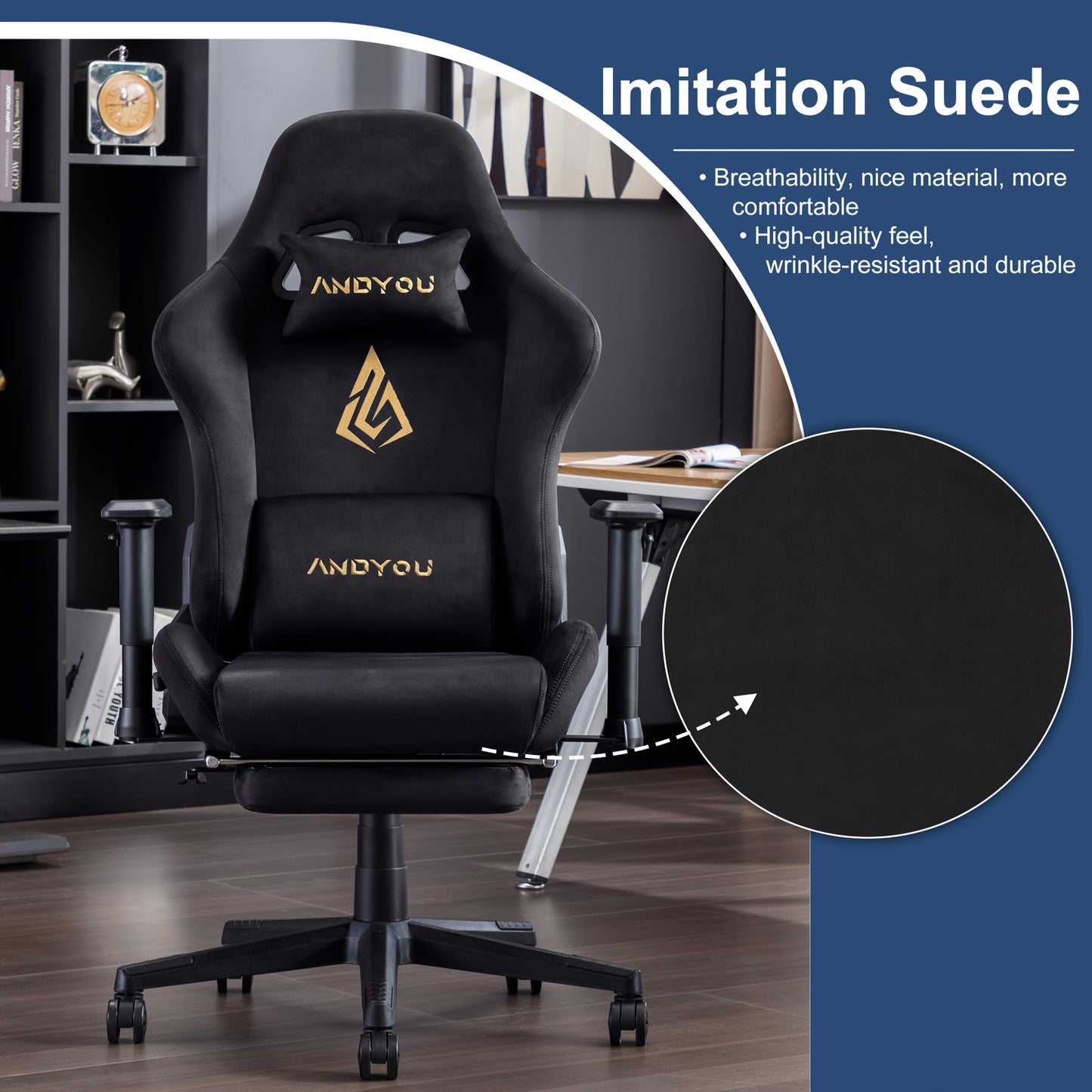 ANDYOU Gaming Chair, Breathable Office Chair, High Quality Fabric Soft Like Faux Fur. Ergonomic PC Chair, Adjustable Swivel Work Chairs with Footrest