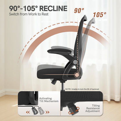 GartistGo Office Chair Ergonomic Desk with 90° Flip-up Armrest Lumbar Support, Height Adjustable Chair, Executive Swivel Computer Padded Seat Cushion for Home/Office