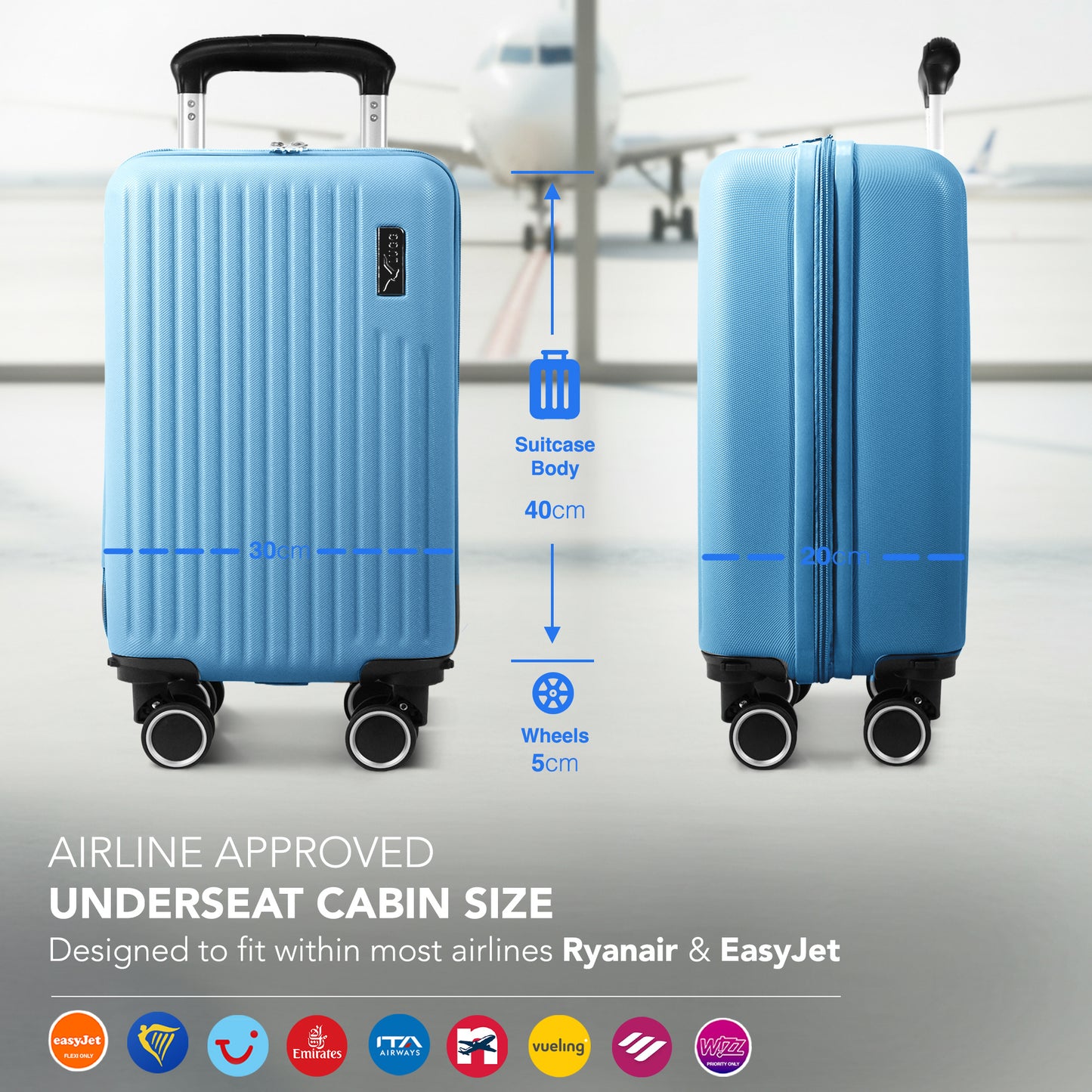 LUGG - Vacay 40cm Suitcase - 40x30x20cm without wheels - Ryanair Compatible - Underseat Size - Hard Shell ABS with Smooth 360° Wheels & Removable Wheels