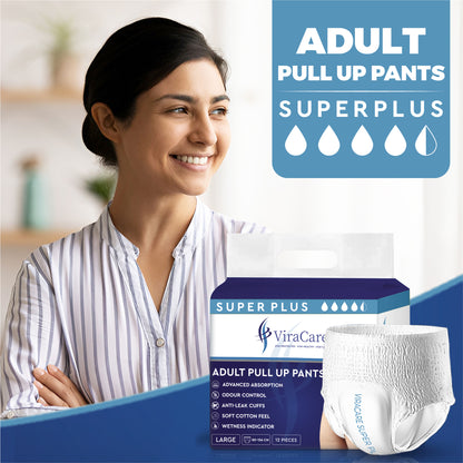 12 x Super Plus Absorbent Pants Women & Men | Adults Nappies | Advanced Absorption and Soft-Stretch Waistband | Adults Pull Up Pants | Waist Size Medium 65-135 cm | (1 Pack of 12)