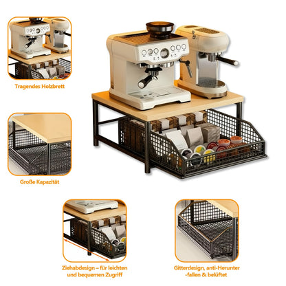 Space-Saving Kitchen Countertop Organizer with Drawers And Metal Baskets - Sturdy Hardwood And Metal Two-Tier Storage Rack, Suitable for Coffee Machines, Tableware, Spices - Modern Black/White Design, No Power Required, Durable Home