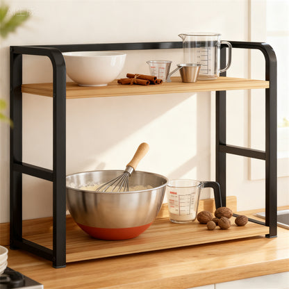 2 Tier Coffee Bar Organizer Countertop Station Rack for Kitchen, Spice Rack, Multi- functional Mug Holder Display Stand, Accessory Storage Shelf with Hooks, Black