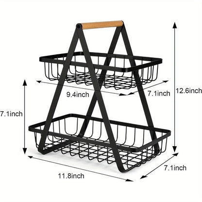 Detachable 2 Tier Fruit Basket Metal Fruit Bowl Holder with Wooden Handle for Vegetables Snacks Bread Kitchen Office Storage Organizer Rack