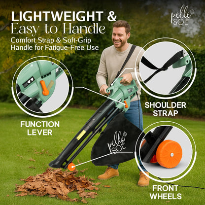 3300W Corded 3-in-1 Leaf Blower Vacuum Mulcher with 45L Bag, 12m Cable & Wheels for Garden Yard Patio