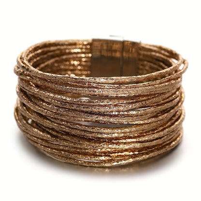 1pc Slim Stripes Wide Multilayer Wrap Bracelet Metallic Shiny Glitter Artificial Leather Cuff with Magnetic Clasp Jewelry for Men Women Holiday Party Birthday Gifts