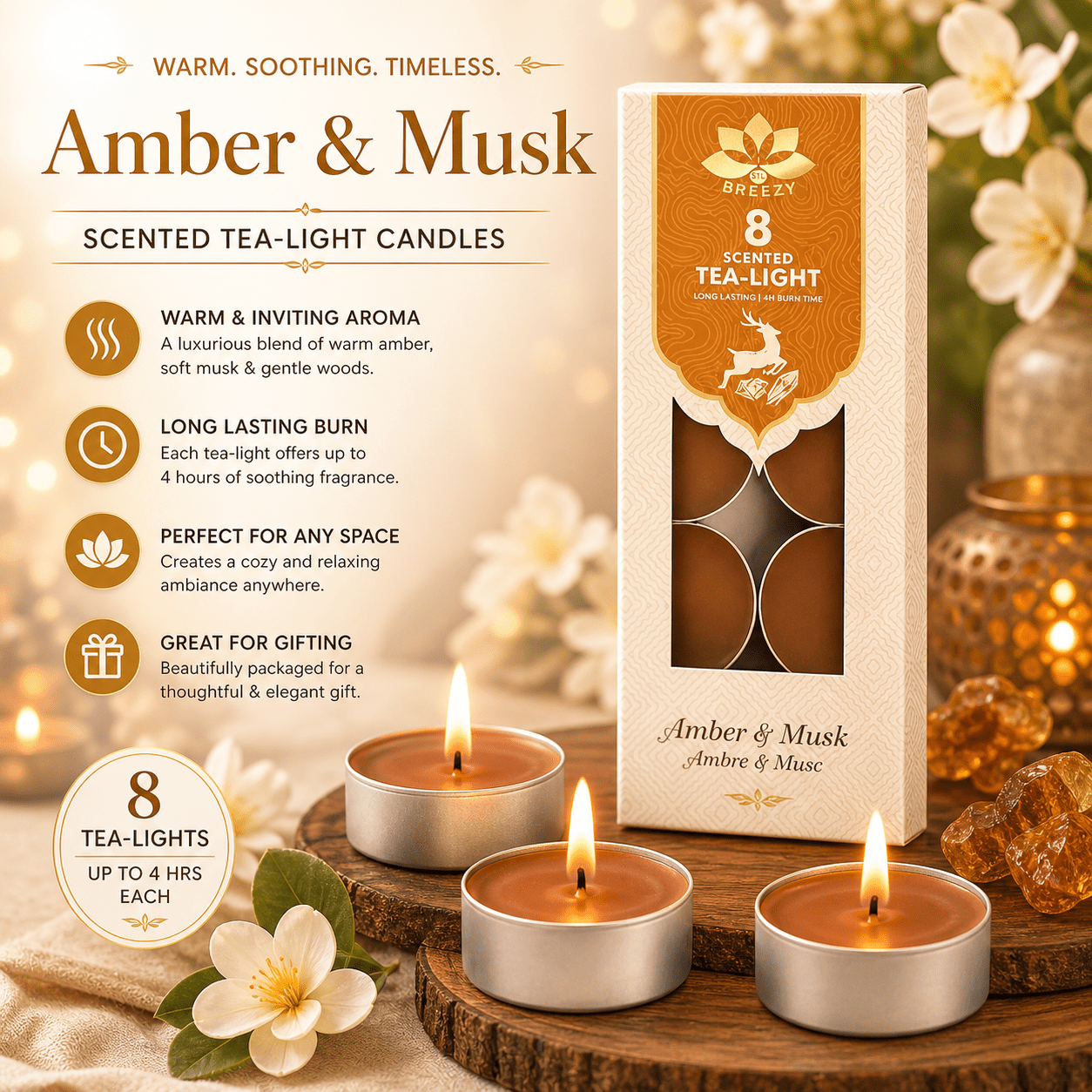 Scented Tea Lights - 8 Pack Strong Fragrance Tea Light Candles, Long Lasting Candle Tealights for Home Decor, Wax Burners & Relaxation