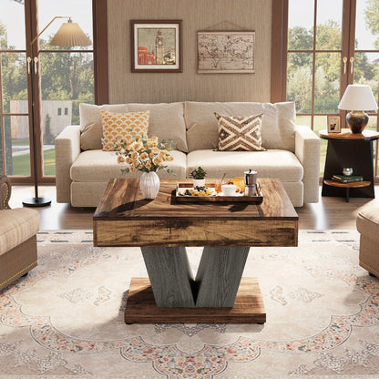 Square Coffee Table 80cm – Modern Farmhouse Centre Table, Rustic Brown & Black, MDF Top, X-Frame Base, 220lb Capacity, Adjustable Feet, Living Room Accent Table