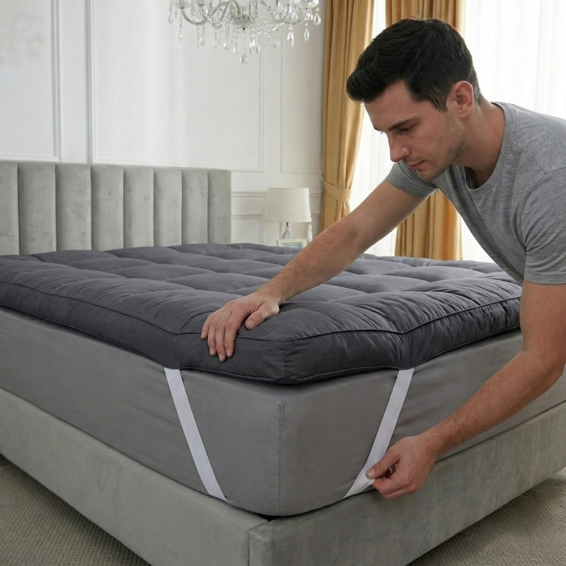 Grey Mattress Topper 4-Inch / 10cm Hotel Quality Deep Fitted Mattress Pad with Corner Elasticated Straps Quilted Box Stitch Breathable All-Season Comfort Single Double Small Double King Super King, 1000GSM Fiber Fill