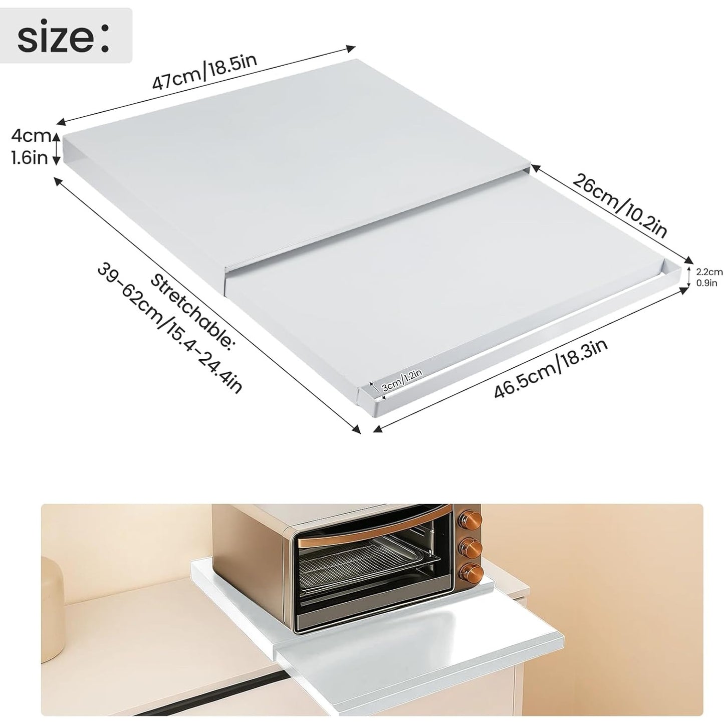 Countertop Microwave Oven Stand with Pull-Out Tray, Adjustable Metal Kitchen Rack Shelf, Extendable 39-62cm, Heavy Duty Storage for Ovens, Toasters & Appliances