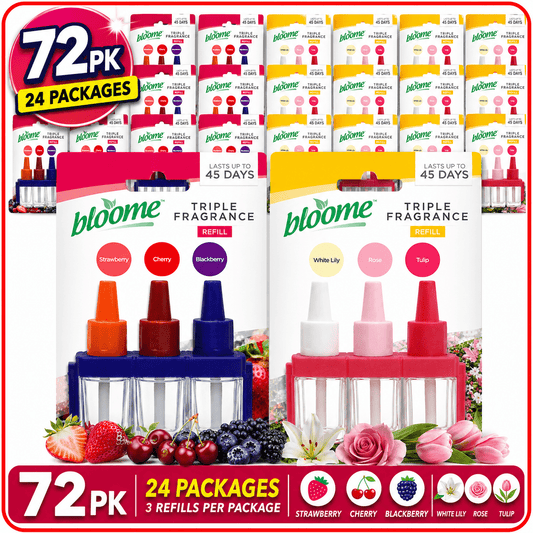 72 Pack (24 x 3pk) Bloome Triple Fragrance Refill | Air Freshener Refills for Home | Mixed Scents Berries & Floral | Long Lasting Plug In Fragrance Refill Set | Relaxing Home Ambience for Bedroom & Living Room