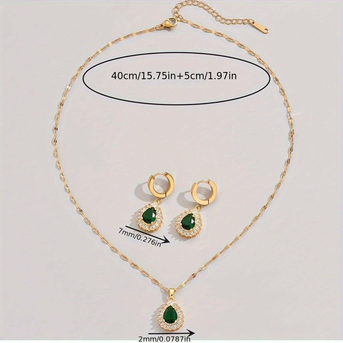 3 pcs/set, boho & elegant style, golden drop shape design pendant, deep inlay green faux diamond necklace & studs, fashion delicate accessory for daily wear & party, gift idea for ladies