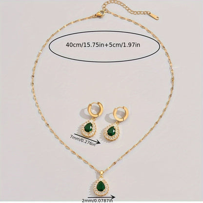 3 pcs/set, boho & elegant style, golden drop shape design pendant, deep inlay green faux diamond necklace & studs, fashion delicate accessory for daily wear & party, gift idea for ladies