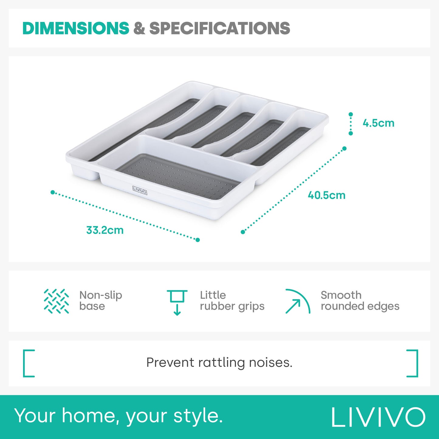 CUTLERY TRAY WITH 6 COMPARTMENTS, DURABLE NON-SLIP CUTLERY TRAY (WHITE/GREY)